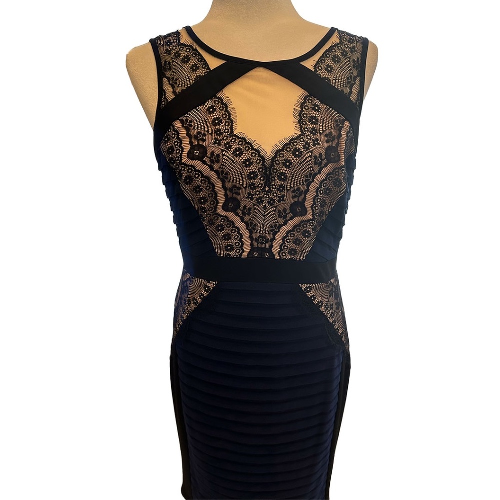 Jax Dress Navy Blue Cocktail Dress With Black and Nude Lace (Size 6)